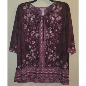 Catherines 2x Top Burgandy Floral Tie Neck 3/4 Sleeve Tunic Lightweight